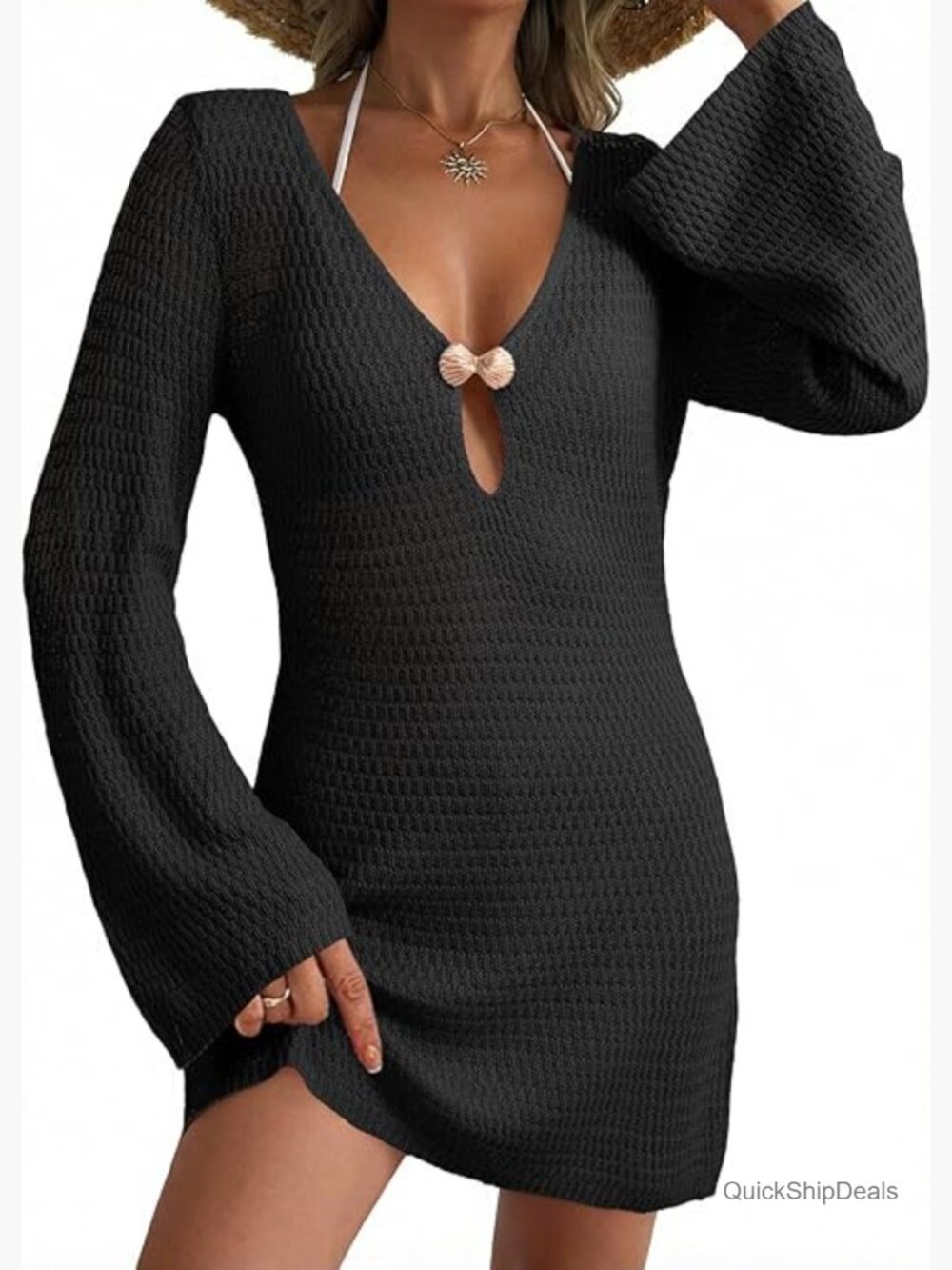 Sexy Deep V Neck Crochet Knit Hollow Out Beach Cover Up Dress
